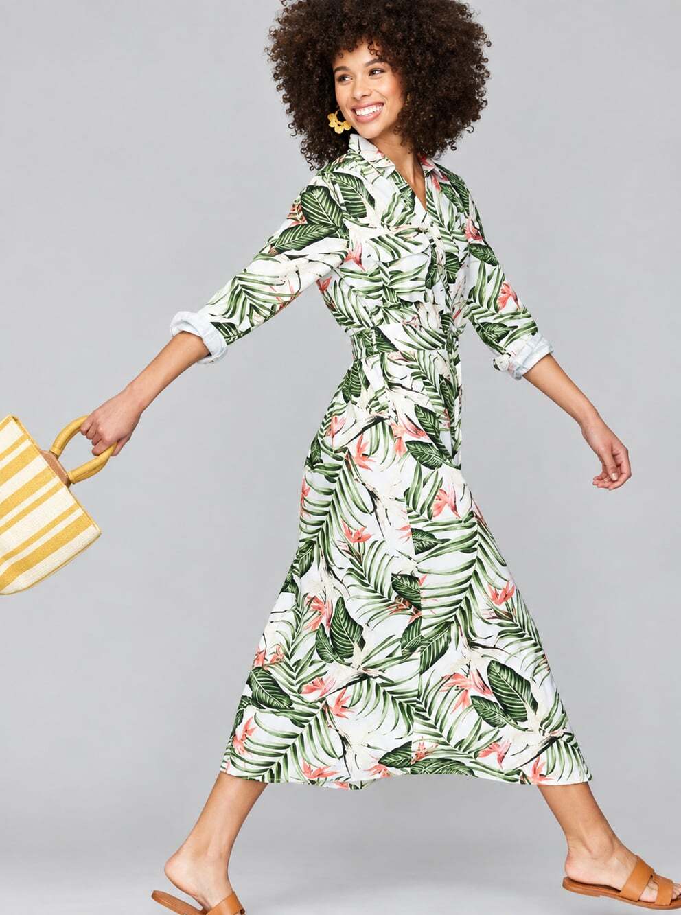 Roller Rabbit Nusa Penida Shirra Midi Belted Dress in Green Leaves Szie Medium